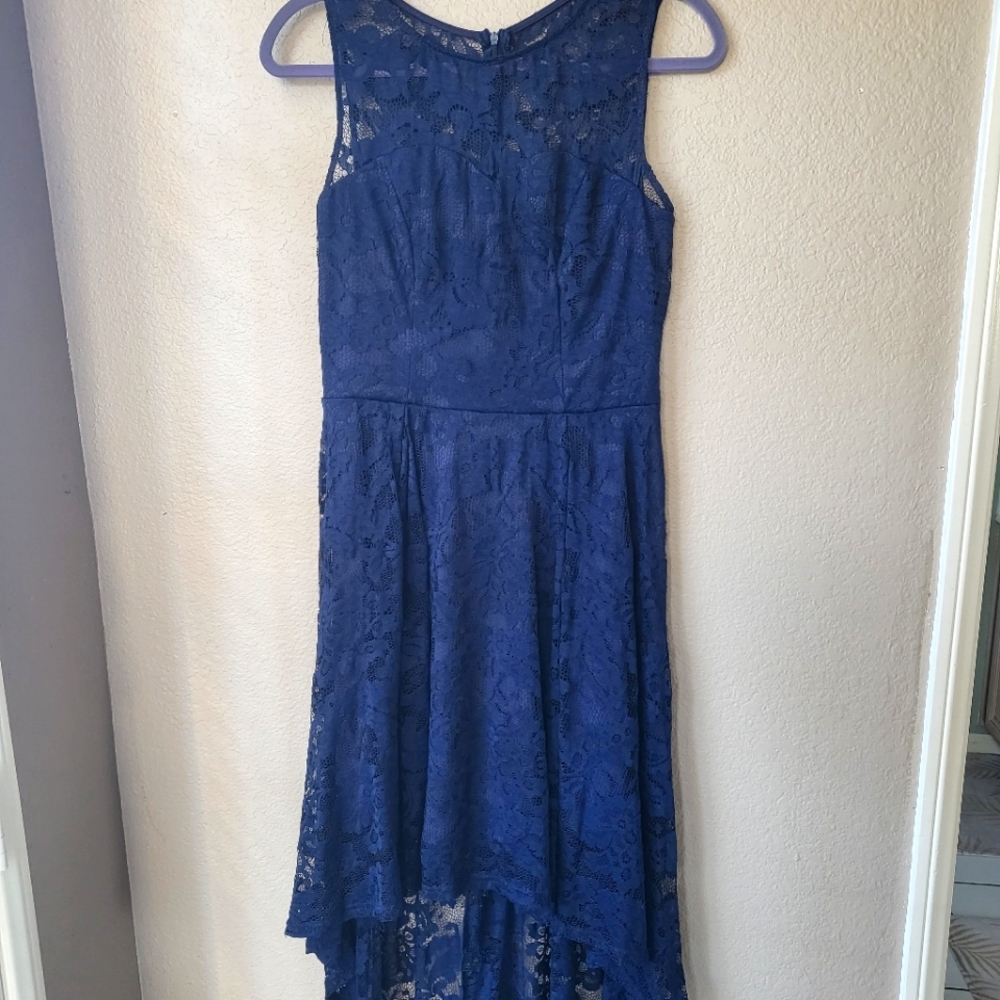 Navy blue formal lace high low dress | bridesmaid dress | M